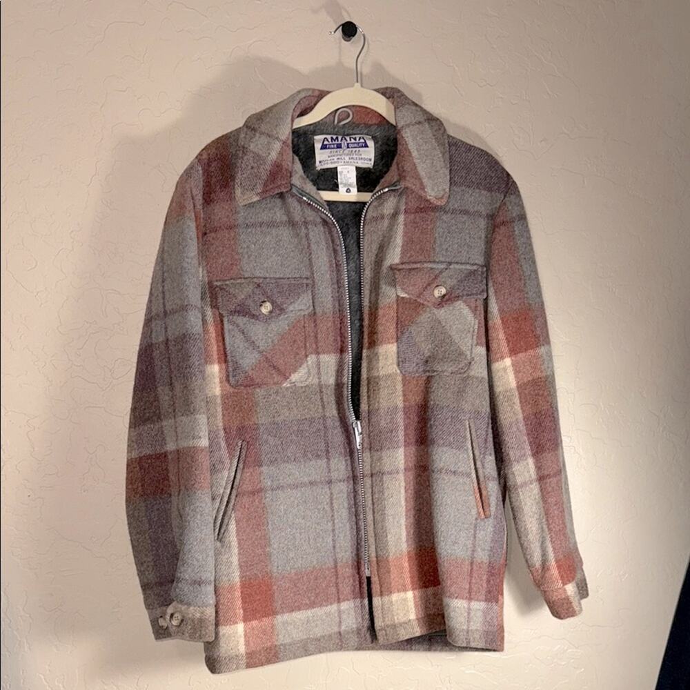 Amana plaid wool blend vintage jacket with a full zip fleece lining